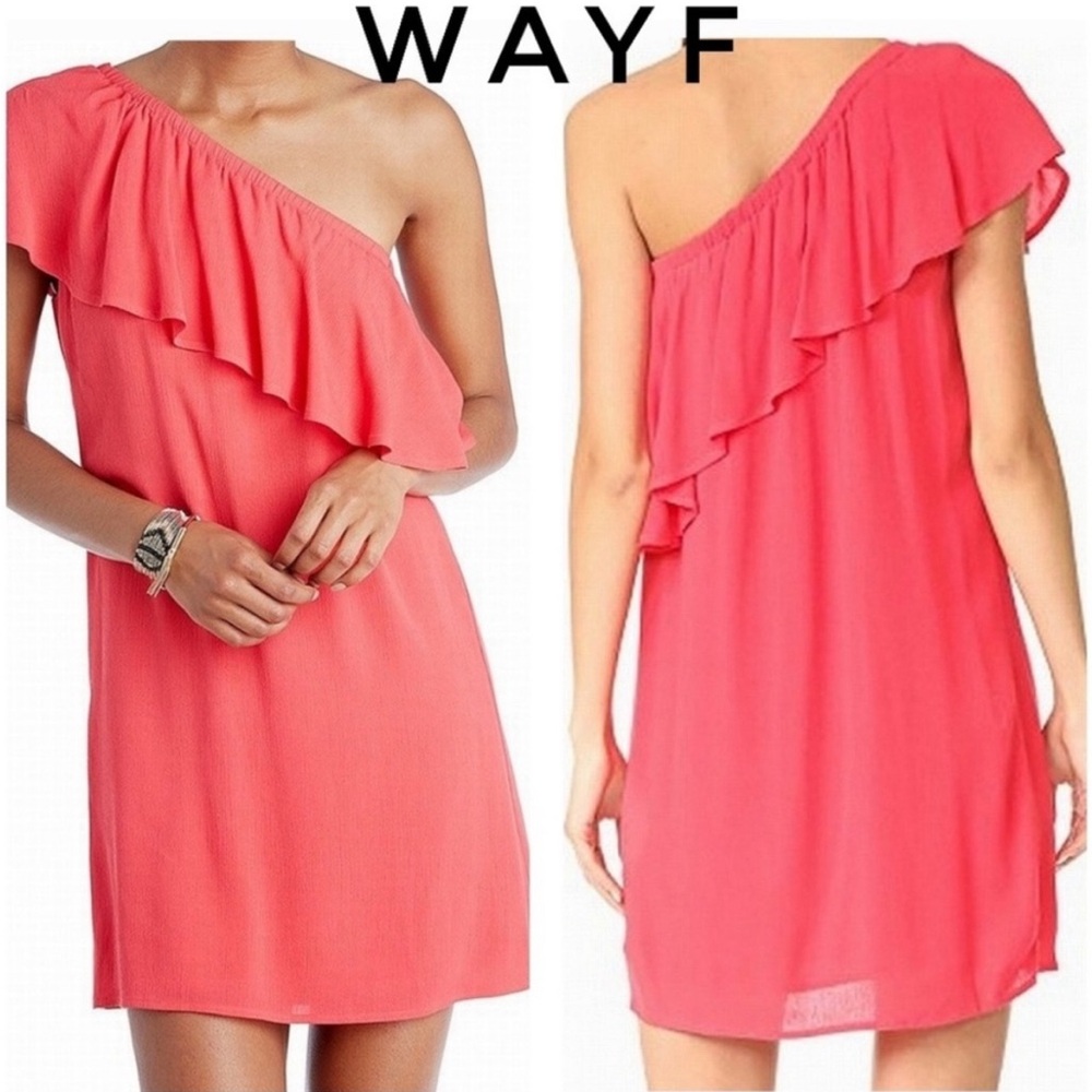 WAYF One Shoulder Asymmetrical Ruffled Mini Dress in Coral Pink Size XS NWT